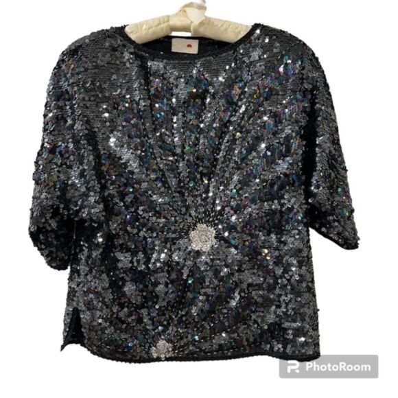 D.G Womens Black Sequined Glitters Short Sleeve Party Top 80s Size Large/XLarge - Picture 1 of 12